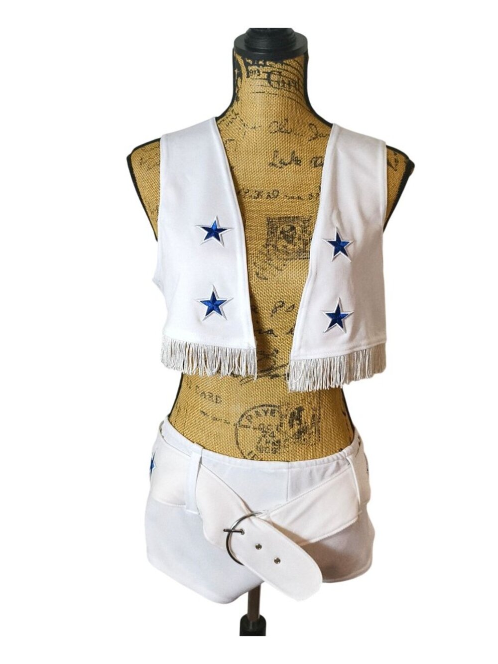 Sexy Cheerleader XS Costume Set Stars Fringe Vest  Belted Shorts Blue White